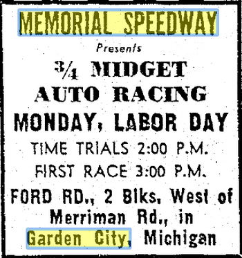 Sept 1953 ad Memorial Speedway, Garden City